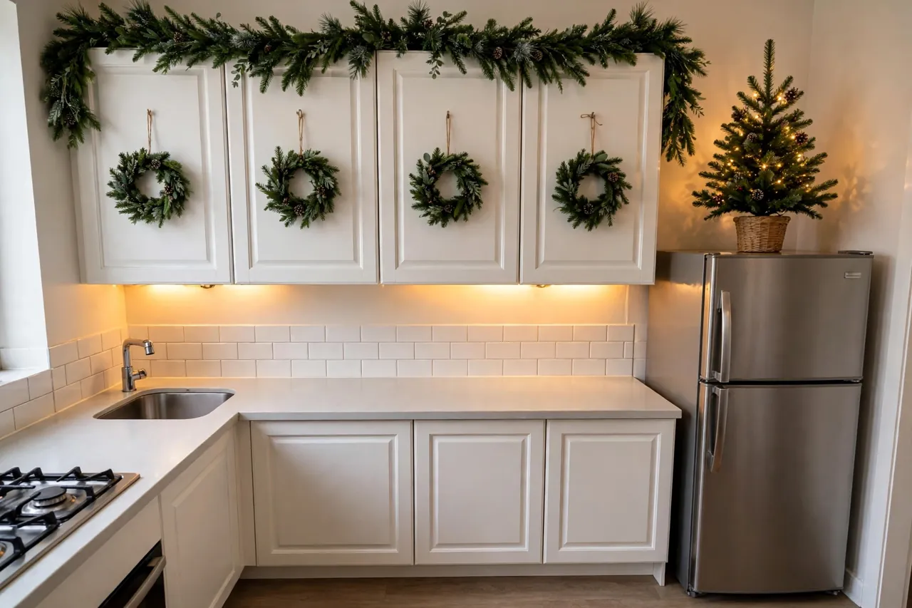 Small white kitchen decorated upward with wreaths on the upper cabinet doors, garland along the cabinet tops, warm under-cabinet lights, and a small lit tree on top of the fridge, counters clear