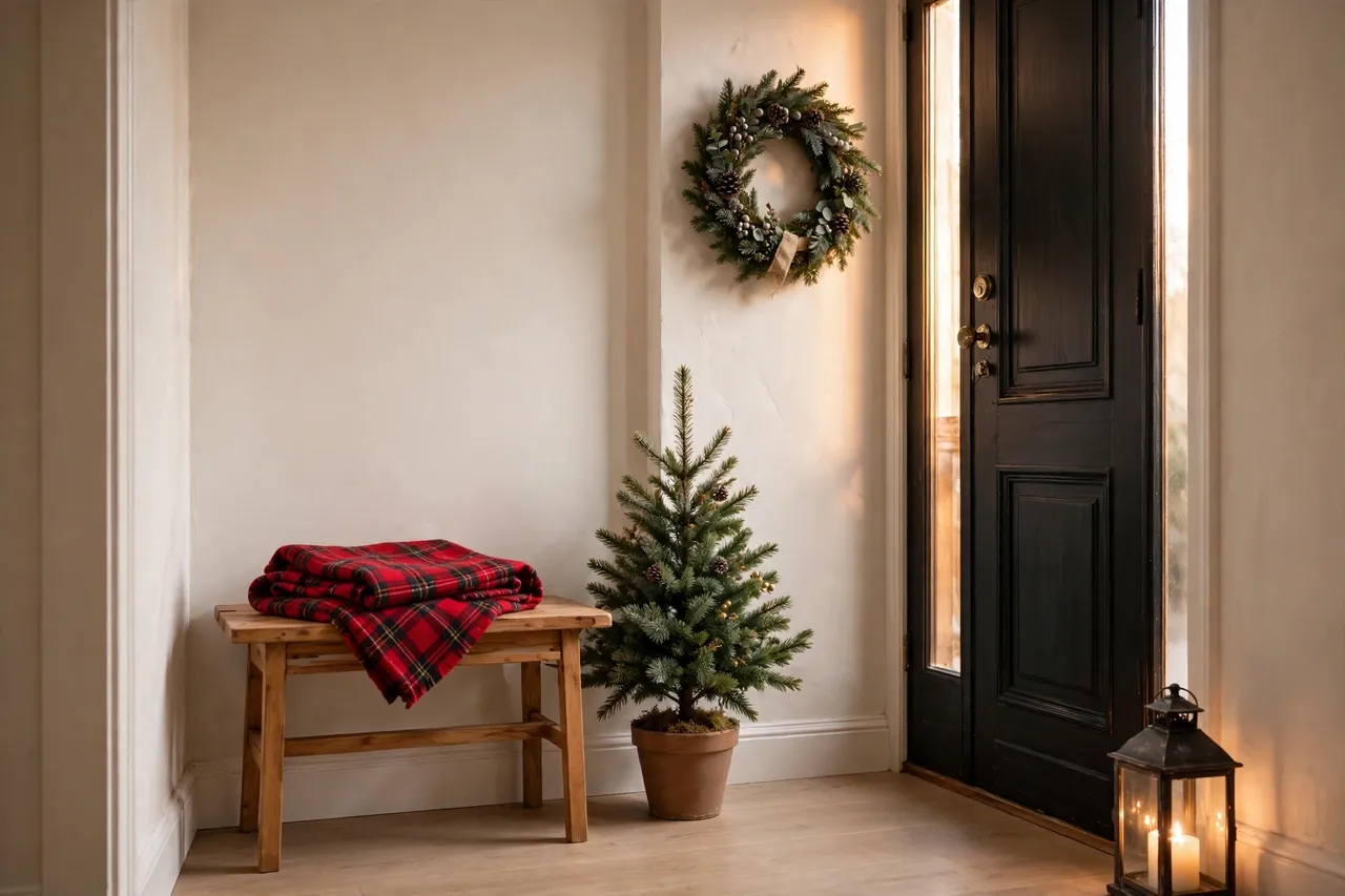 Tiny entry hall with a bench holding a folded plaid throw, a small potted faux Christmas tree, a wall wreath by the door, and a lantern, walkway clear