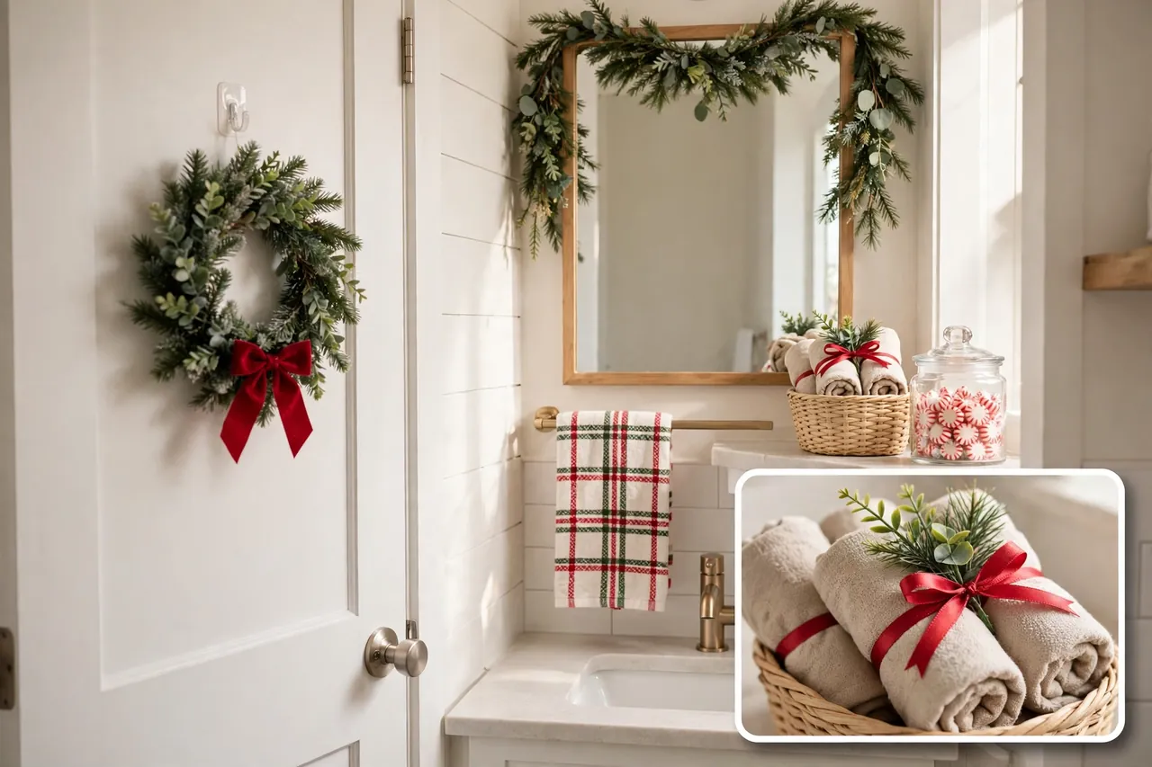 Small guest bathroom with a faux wreath and red bow on the door, garland on the mirror, plaid hand towel, and a basket of rolled washcloths tied with ribbons beside a jar of peppermints