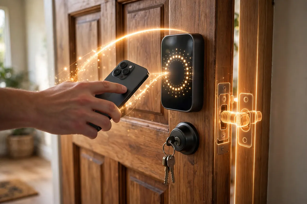 Unlocking a smart deadbolt by tapping a phone against it, with the bolt shown glowing in the door edge