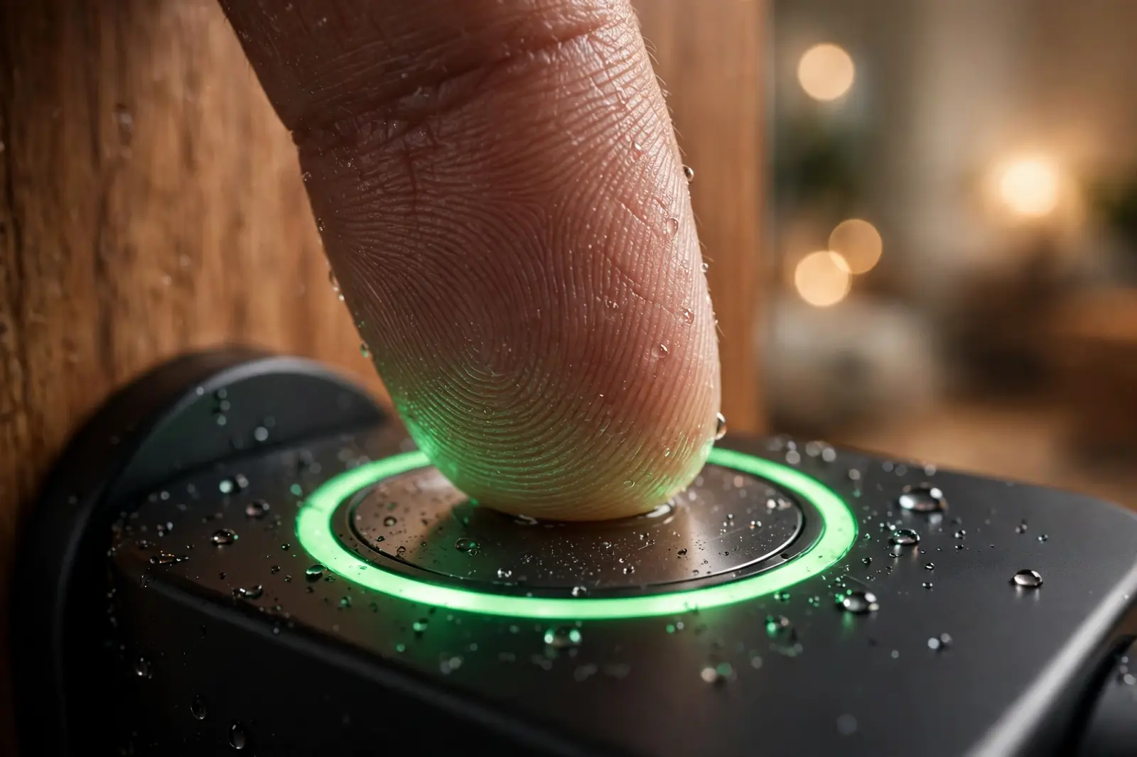 Close-up of a finger on a smart key lock fingerprint sensor with a green light ring