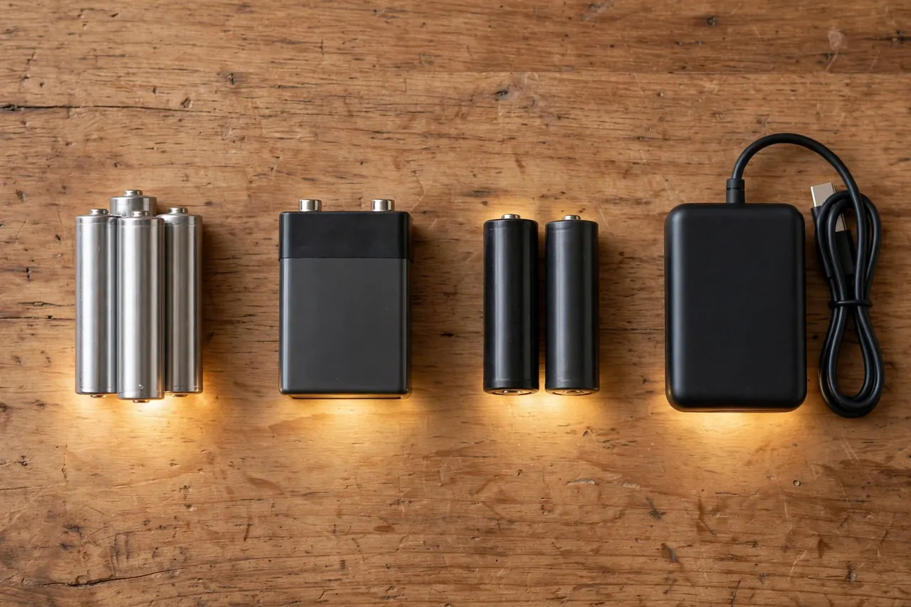 The battery types smart locks use, in a row on a wooden table: four AA cells, a 9-volt battery, two CR123 cells, and a rechargeable pack with its cable