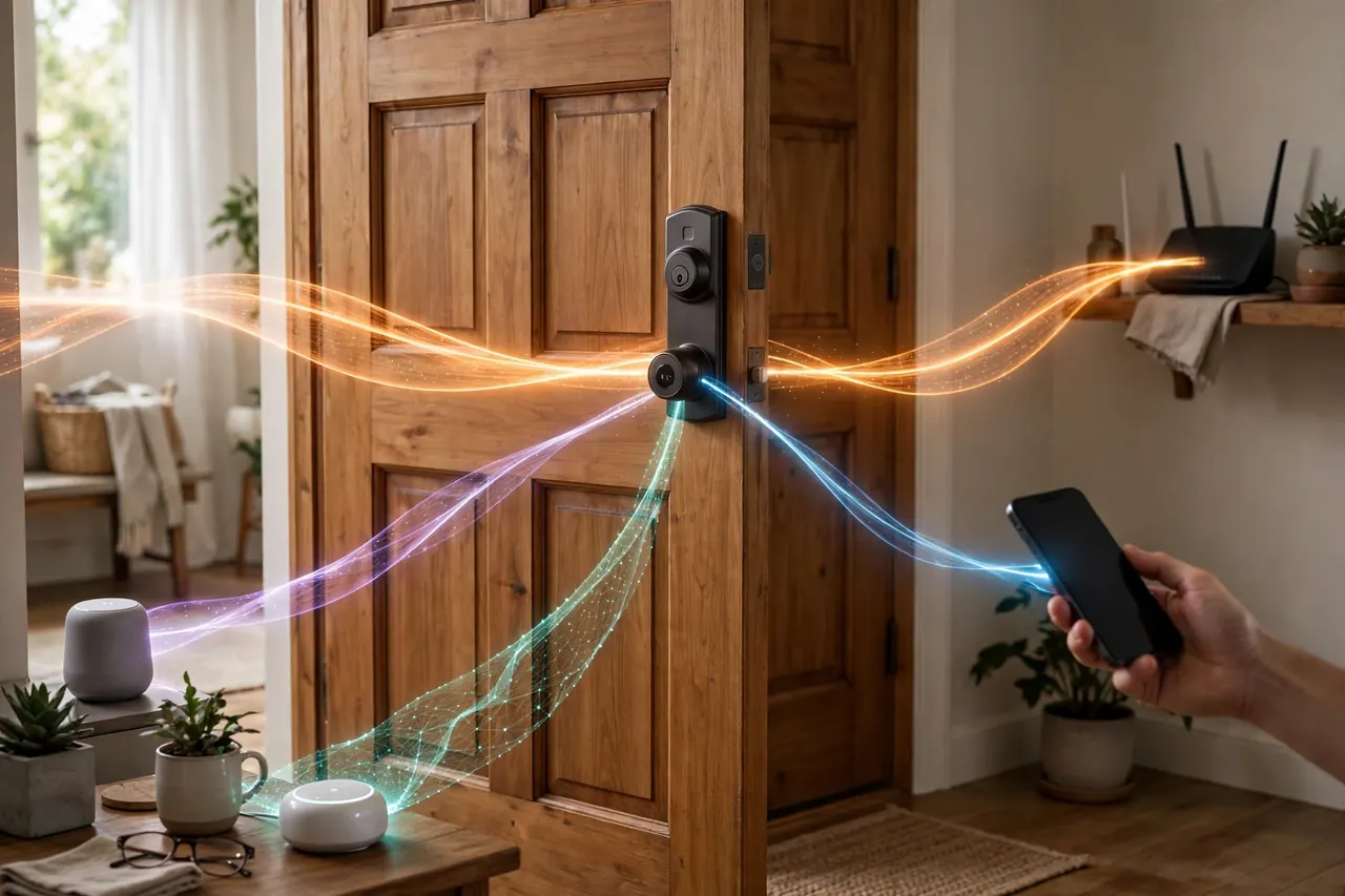 The four ways a smart deadbolt connects: a long trail to a Wi-Fi router, a short trail to a phone, and trails to a smart-home hub and a speaker