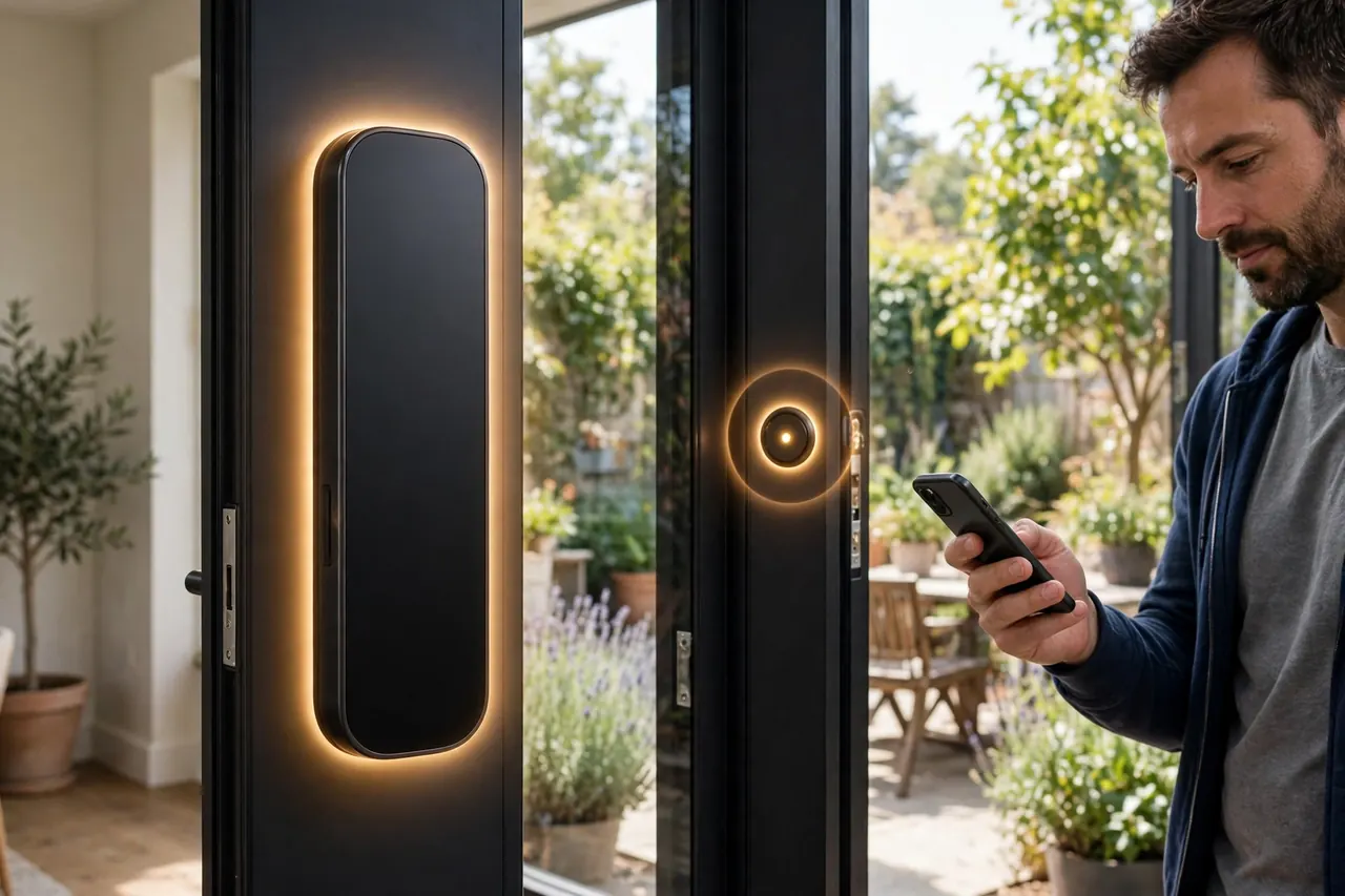A tall key-free touchscreen smart lock on a dark hinged patio door, its door sensor glowing, the owner checking the app on his phone