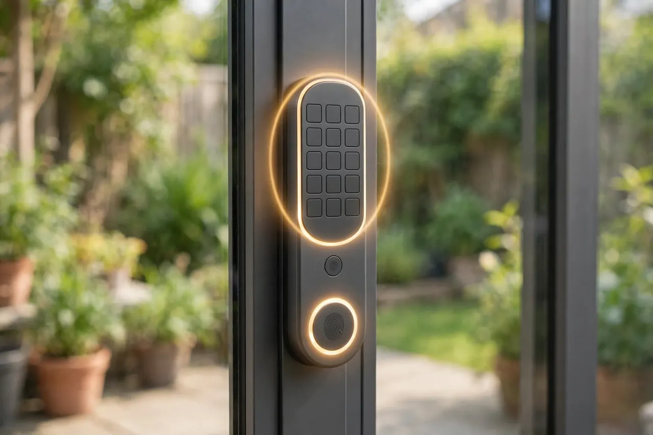 A slim smart lock with blank keypad buttons and a fingerprint pad fitted on the narrow stile of a sliding glass door