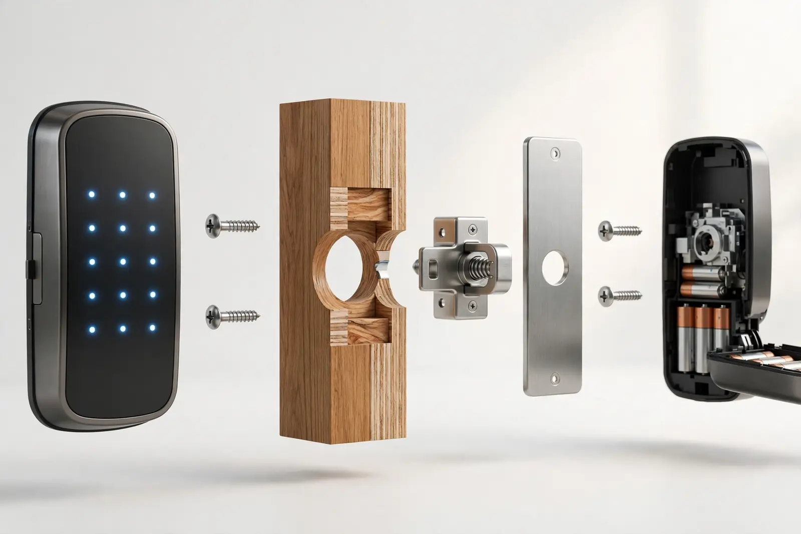 Exploded view of a smart key lock installation showing the keypad, latch bolt and interior motor unit in fitting order