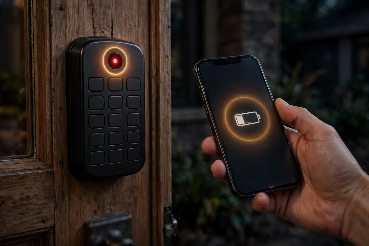 A smart lock keypad showing a glowing red low-battery light while the phone beside it shows a nearly empty battery icon