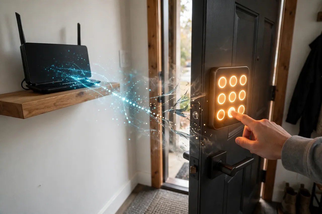 A dark Wi-Fi router during an outage while the smart lock still opens by code at the door: codes are stored on the lock itself