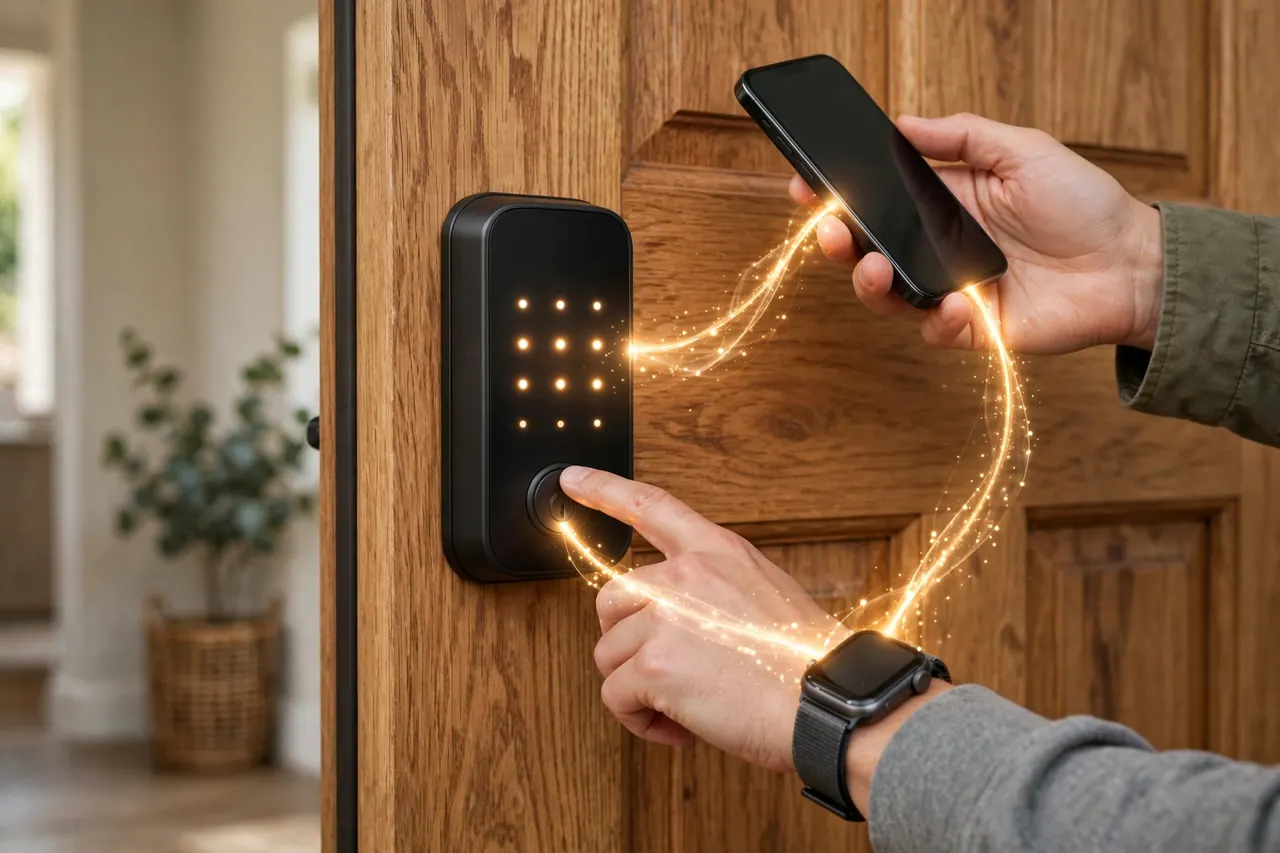 Unlocking a smart WiFi deadbolt with a phone in hand and a tap from a smartwatch