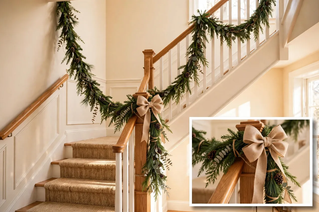 Garland runs meeting at a landing newel post with a large bow, continuing up the next flight of stairs