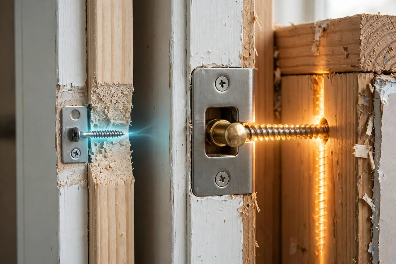 A short strike-plate screw ending in the door trim beside a long 3-inch screw driven through the frame into the wall stud