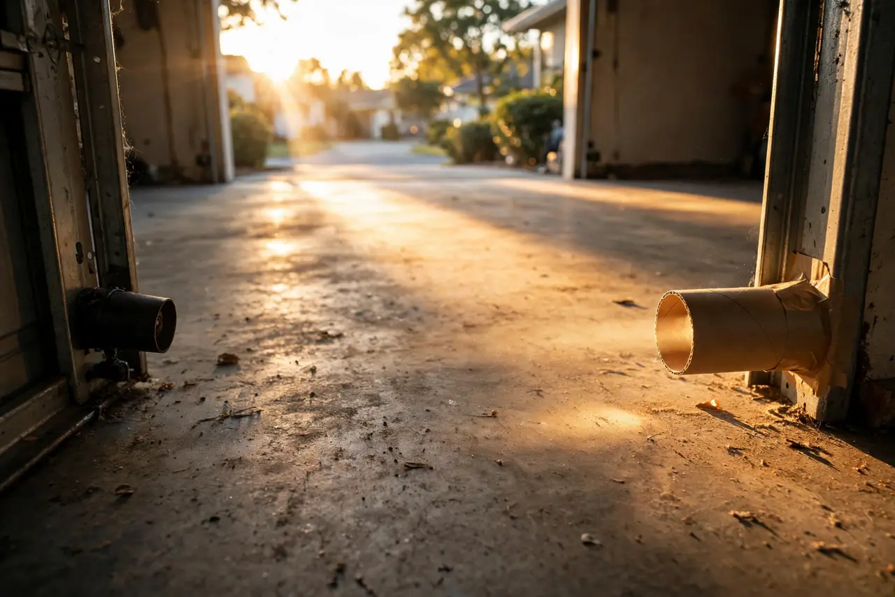 Low sunlight streaming into a garage door sensor fitted with a shade tube that blocks the glare