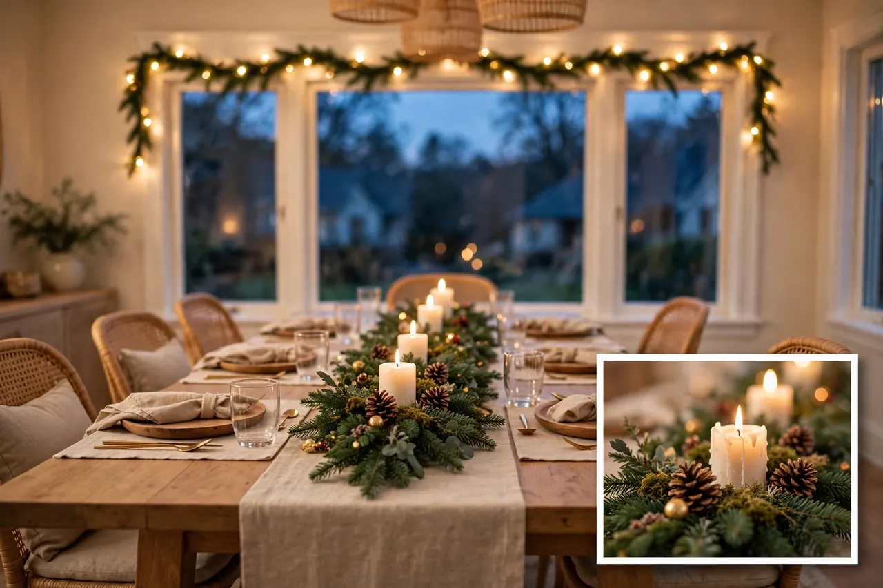 Dining table with a low evergreen garland runner, candles and pinecones, in front of windows framed with a lit garland, with a close-up inset of the table runner