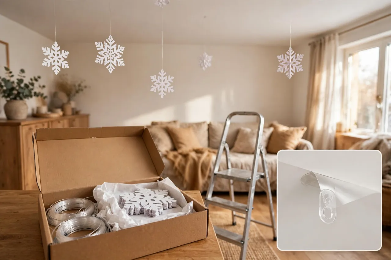 Christmas ceiling takedown with a storage box of paper snowflakes and coiled line, a step ladder, and a few snowflakes still hanging from a clean ceiling
