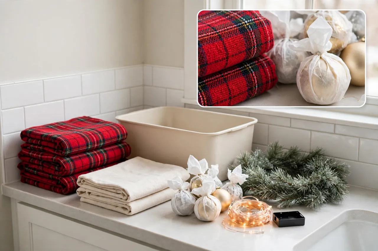 Christmas bathroom decorations packed away dry indoors with folded plaid towels, a plain storage bin, tissue-wrapped ornaments, a coiled faux garland, and a battery LED light strand with its battery pack removed