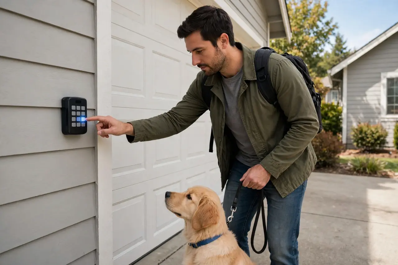A visitor with a dog on a leash pressing a wall-mounted garage keypad beside the garage door