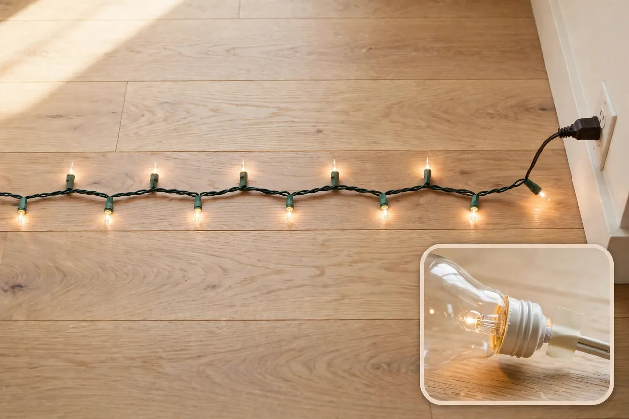 Christmas light strand laid straight on a wooden floor, lit for testing, with a close-up inset of a bulb and blank marking tape