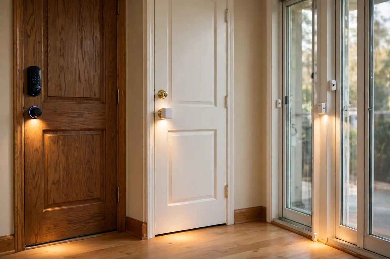 Three doors, three routes: a smart deadbolt swap, a retrofit unit over a thumbturn, and contact sensors on a patio door frame