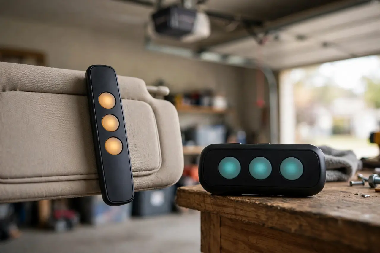 An original garage remote and a universal remote side by side with the opener in the background