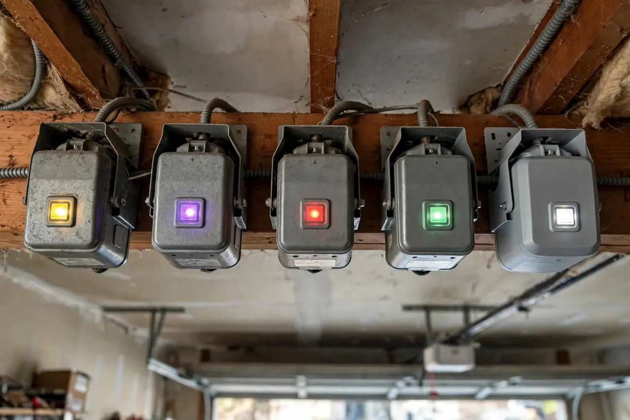 A row of garage door opener units showing Learn buttons in yellow, purple, red-orange, green and white