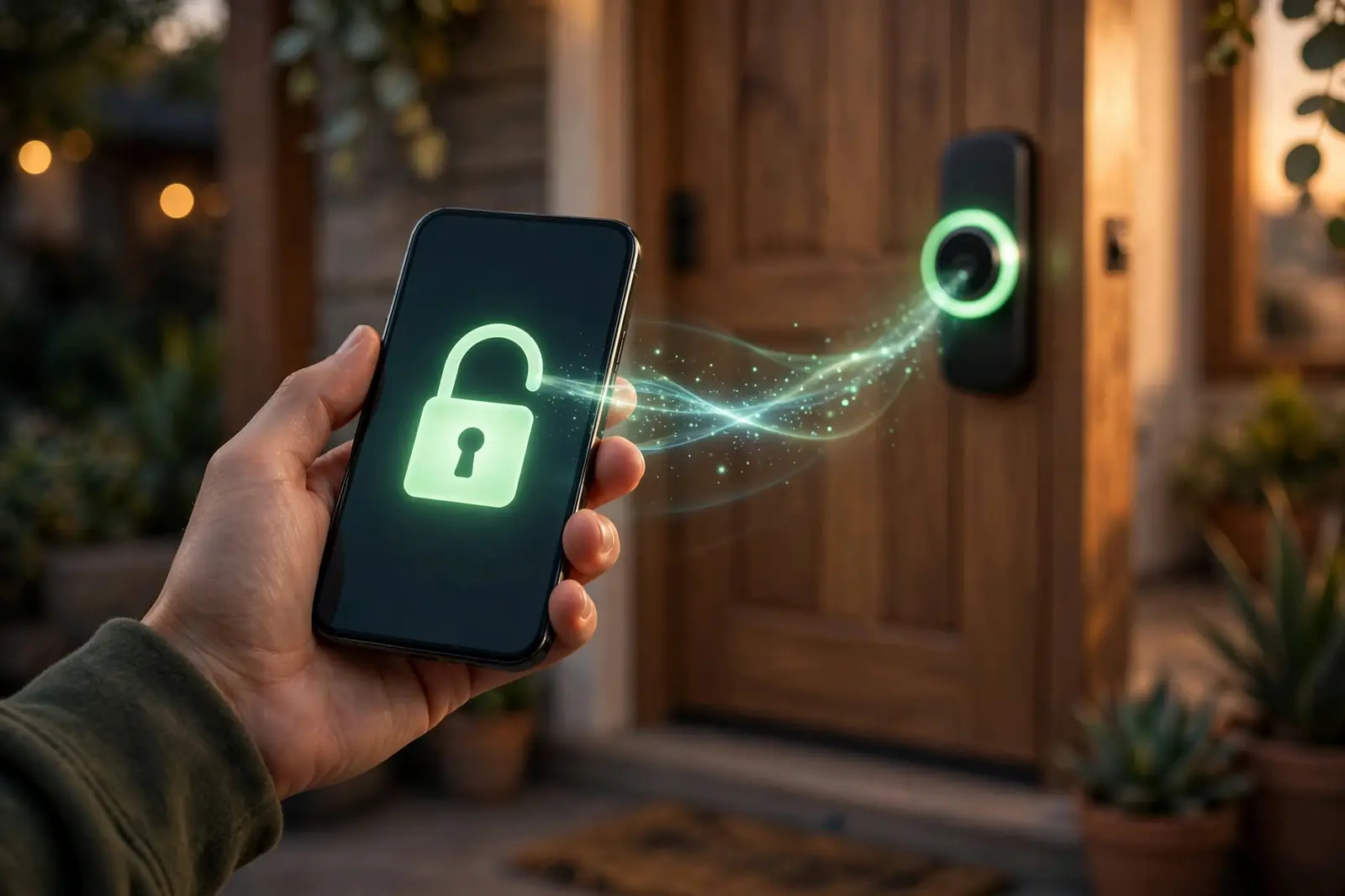 Hand holding a phone with an unlock icon, controlling a smart key lock on a wooden door