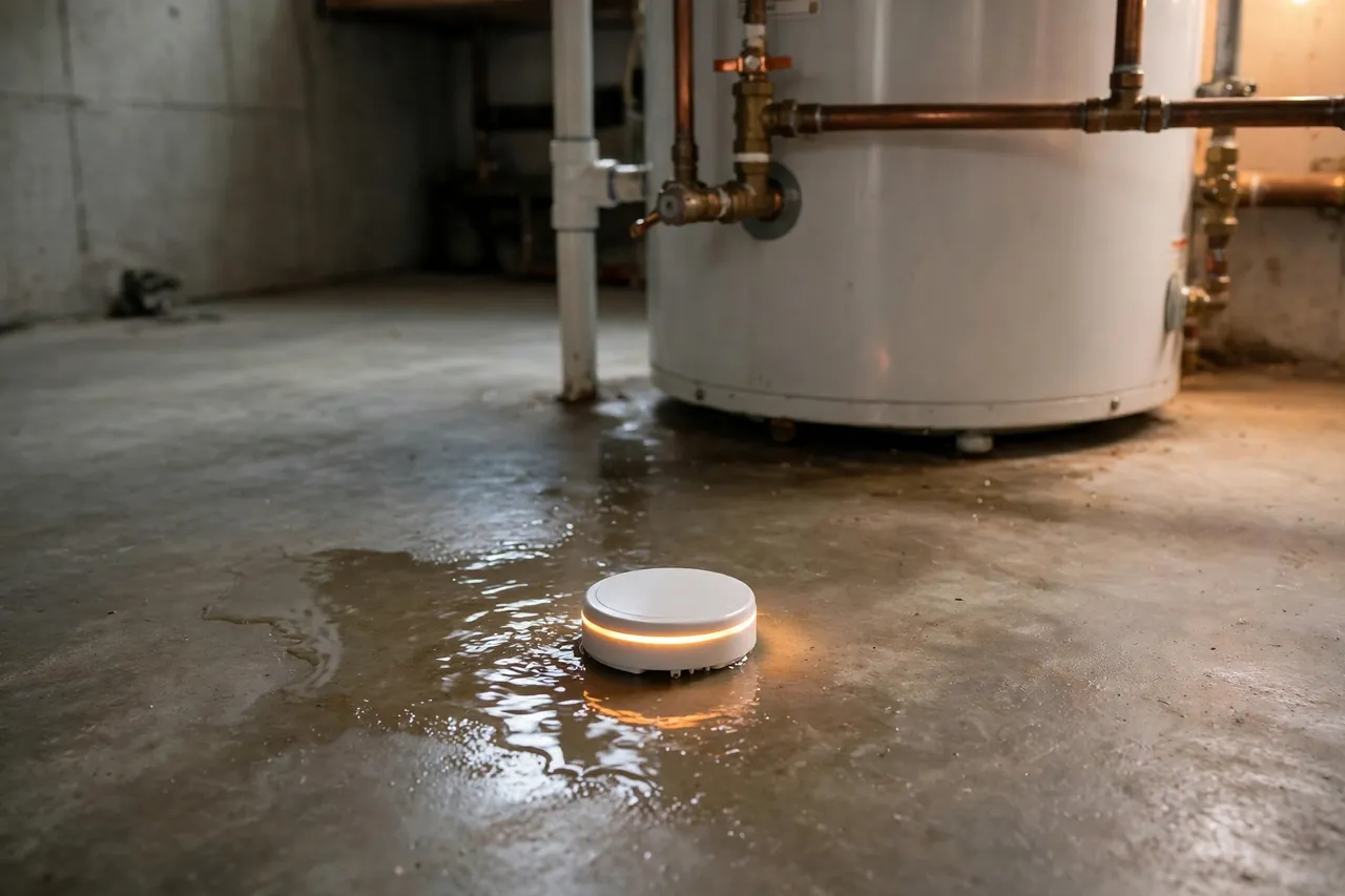 A small white leak detector sensor puck with a warm amber glowing ring, sitting in a small puddle of clean water on the floor at the base of a water heater.