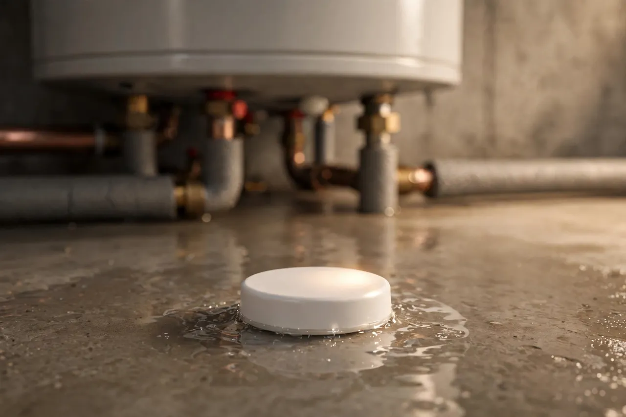 A small white round leak detector sensor puck on a basement floor with a thin sheen of clean water reaching its bottom, at the base of a water heater.