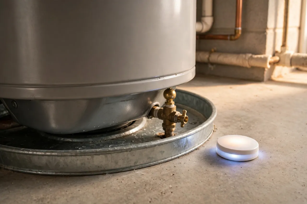 A small white leak detector sensor puck lying flat on the floor at the base of a water heater, beside the edge of its drain pan and near the drain valve.
