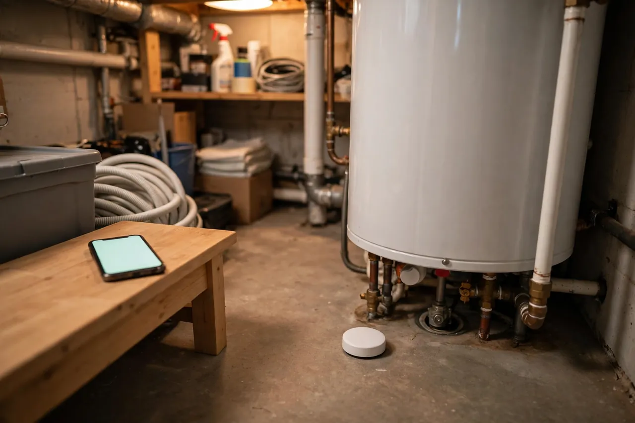 A small white sensor puck on the floor at the base of a water heater with a smartphone showing a blank glowing screen on a wooden bench nearby.
