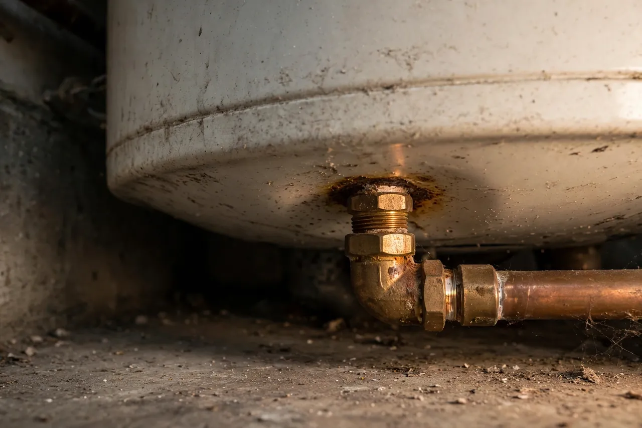 The lower part of a used water heater tank with a brass pipe fitting near the base showing light believable rust discoloration from age.