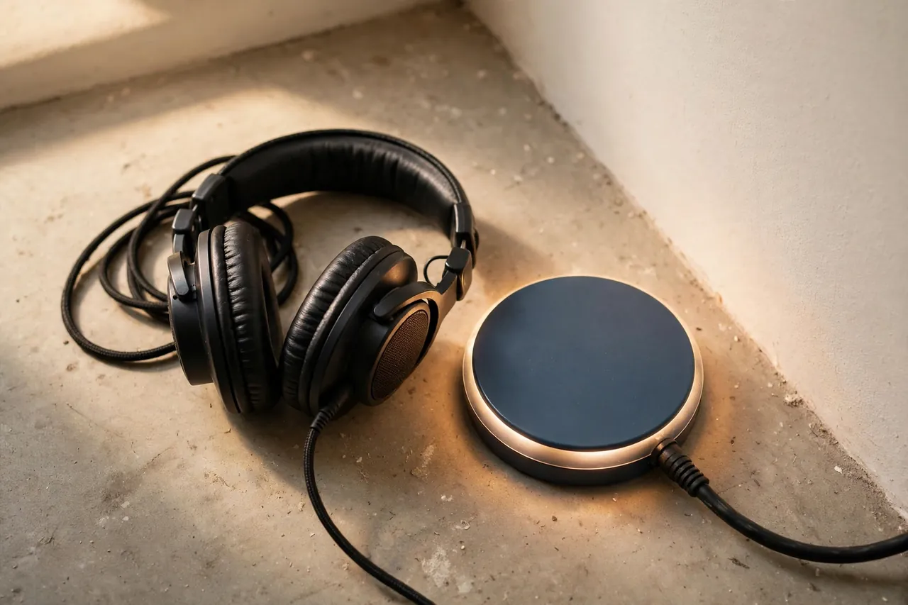Acoustic leak-listening equipment on a concrete floor beside a wall: listening headphones and a round ground sensor disc with a cable.