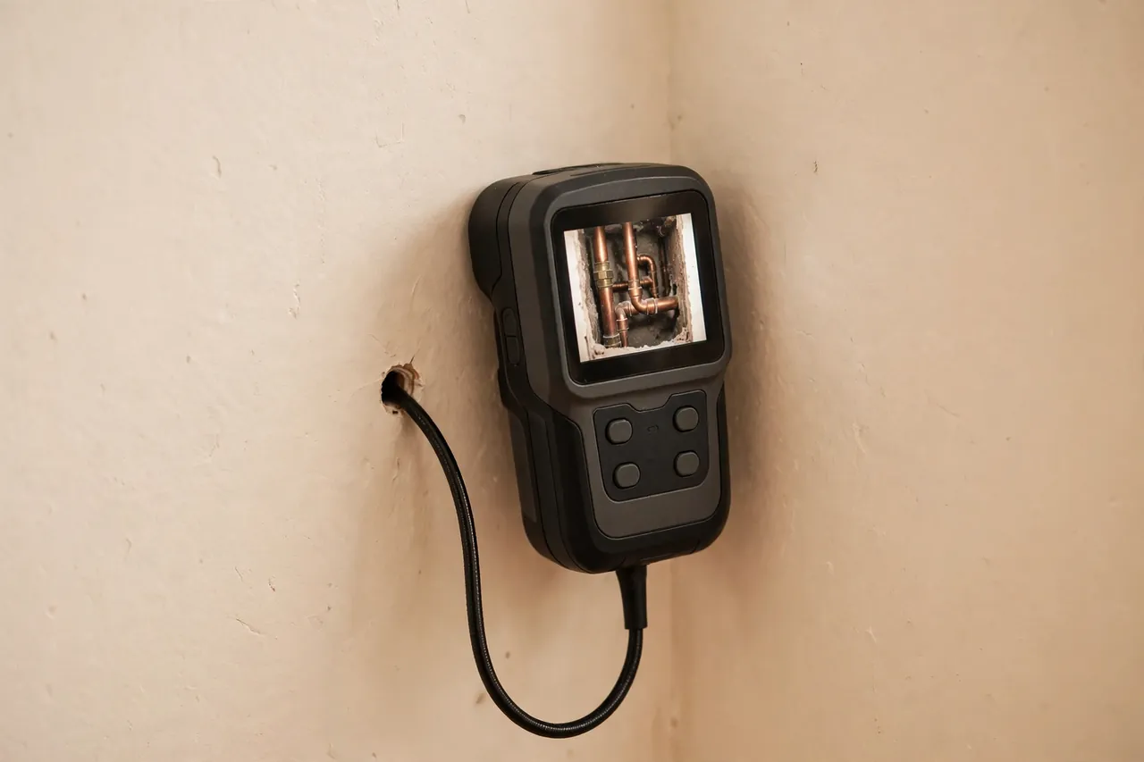 A handheld inspection camera device against a wall with its thin cable running into a small hole, its screen showing copper pipes inside the wall.