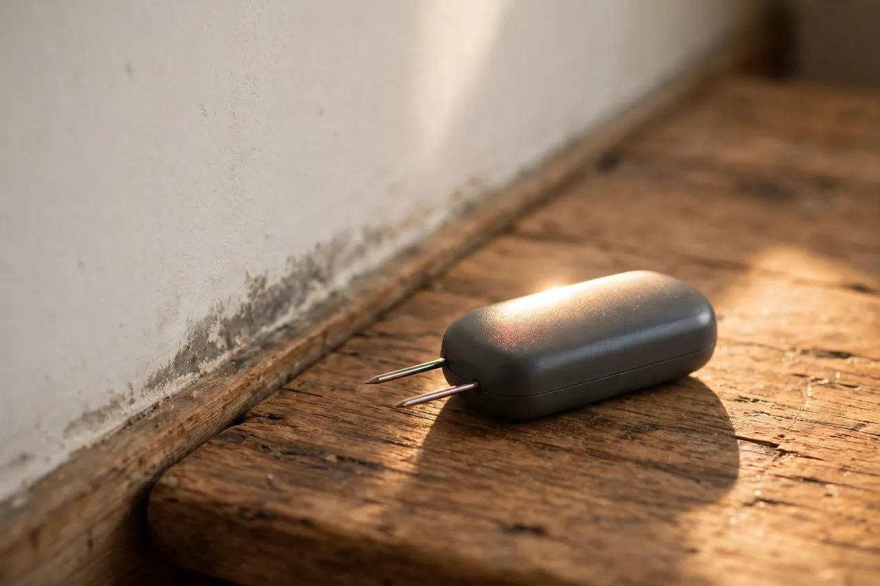 A small pin-type moisture meter lying on a wooden table beside an interior wall with a faint damp patch near its base.