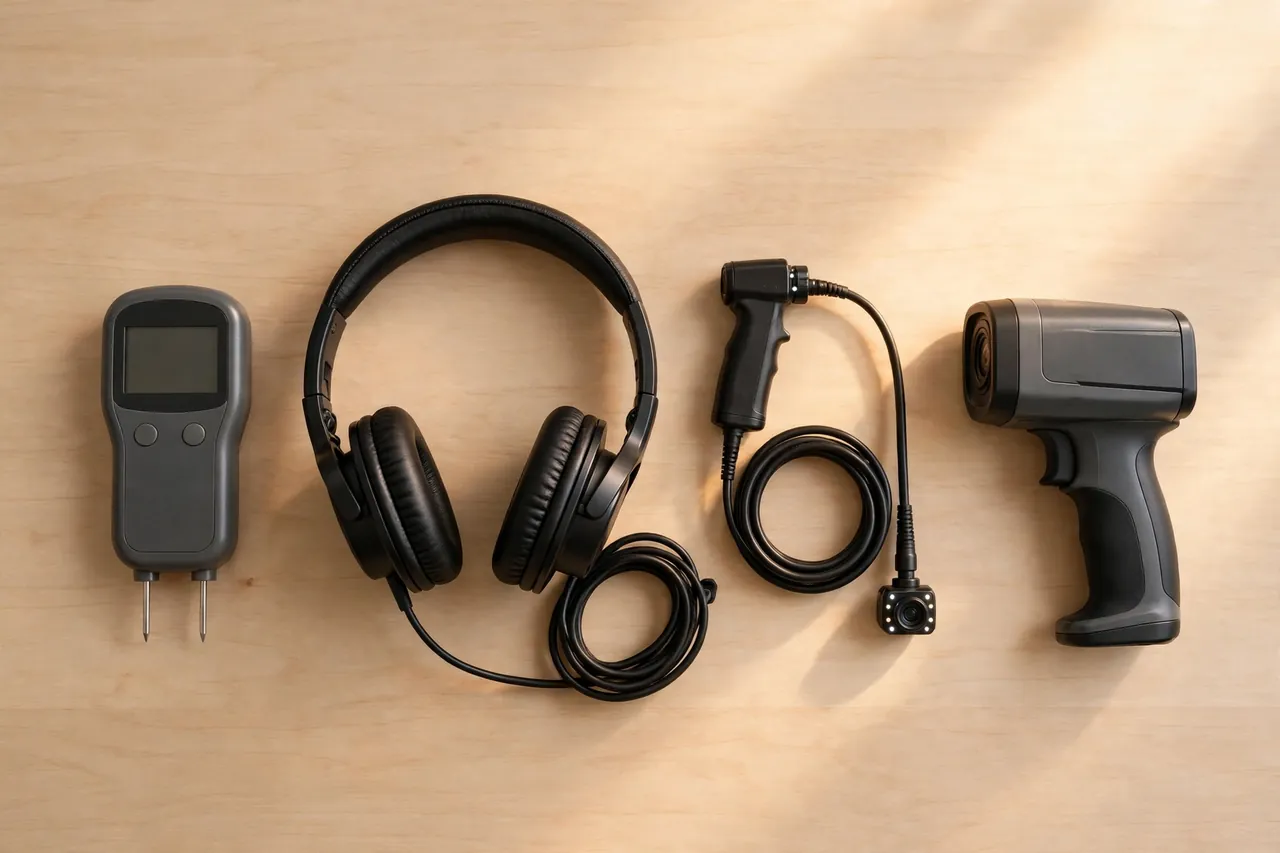 A top-down row on a clean light wooden table: a pin moisture meter, listening headphones, a small inspection camera with cable, and a thermal imaging camera in order.