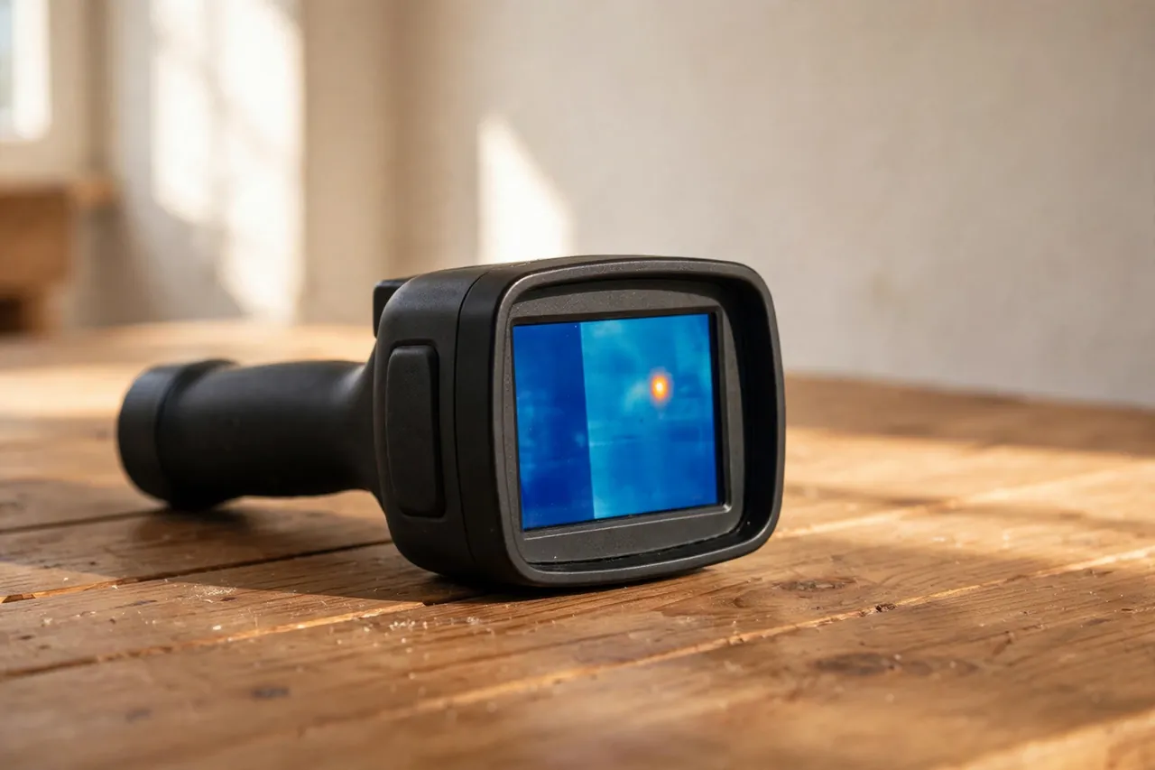 A thermal imaging camera on a wooden table, its screen showing a predominantly cool blue thermal image with one small warm spot and no numbers or scale bar.