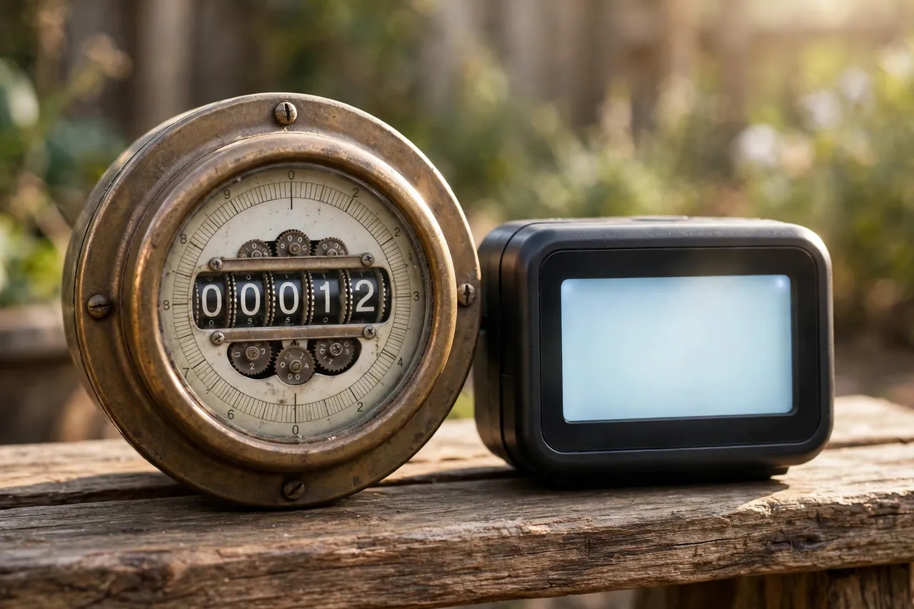 An older brass analog water meter with number wheels beside a newer digital water meter with a blank glowing screen, on a wooden bench.