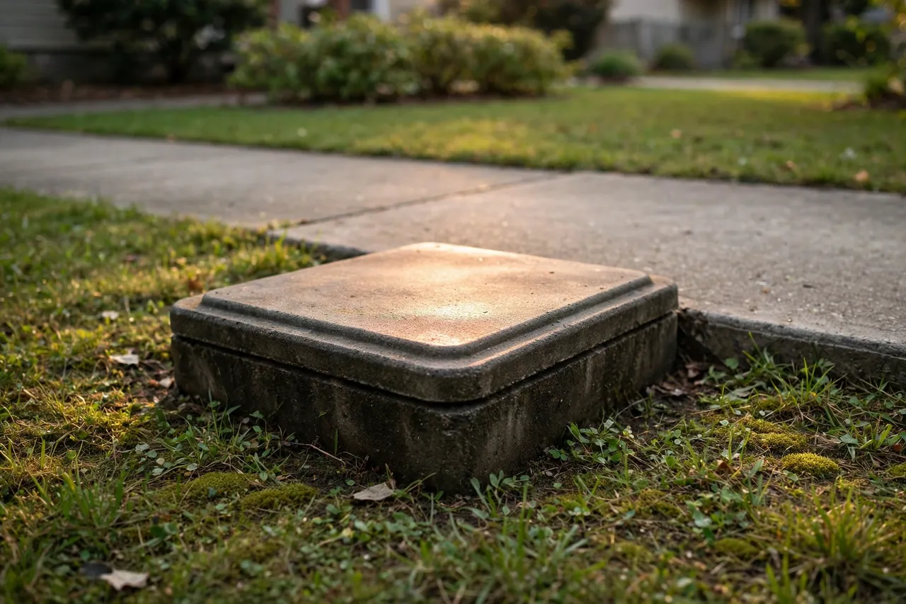 A closed concrete water meter box set in the ground beside a sidewalk, lit by warm sunlight, with grass around it.