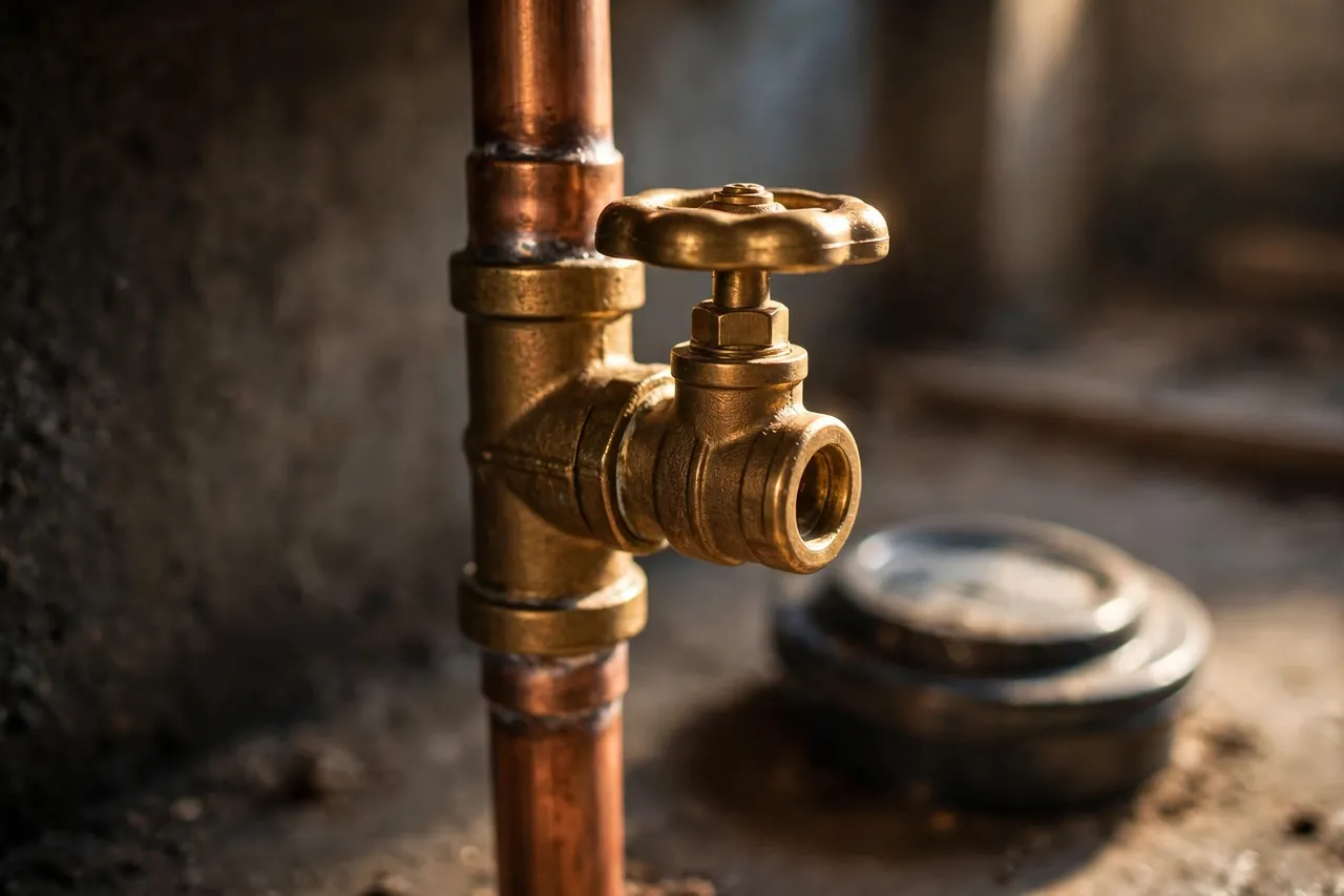 A brass main water shutoff valve on a copper pipe in warm light, with a water meter box lid softly blurred in the background.