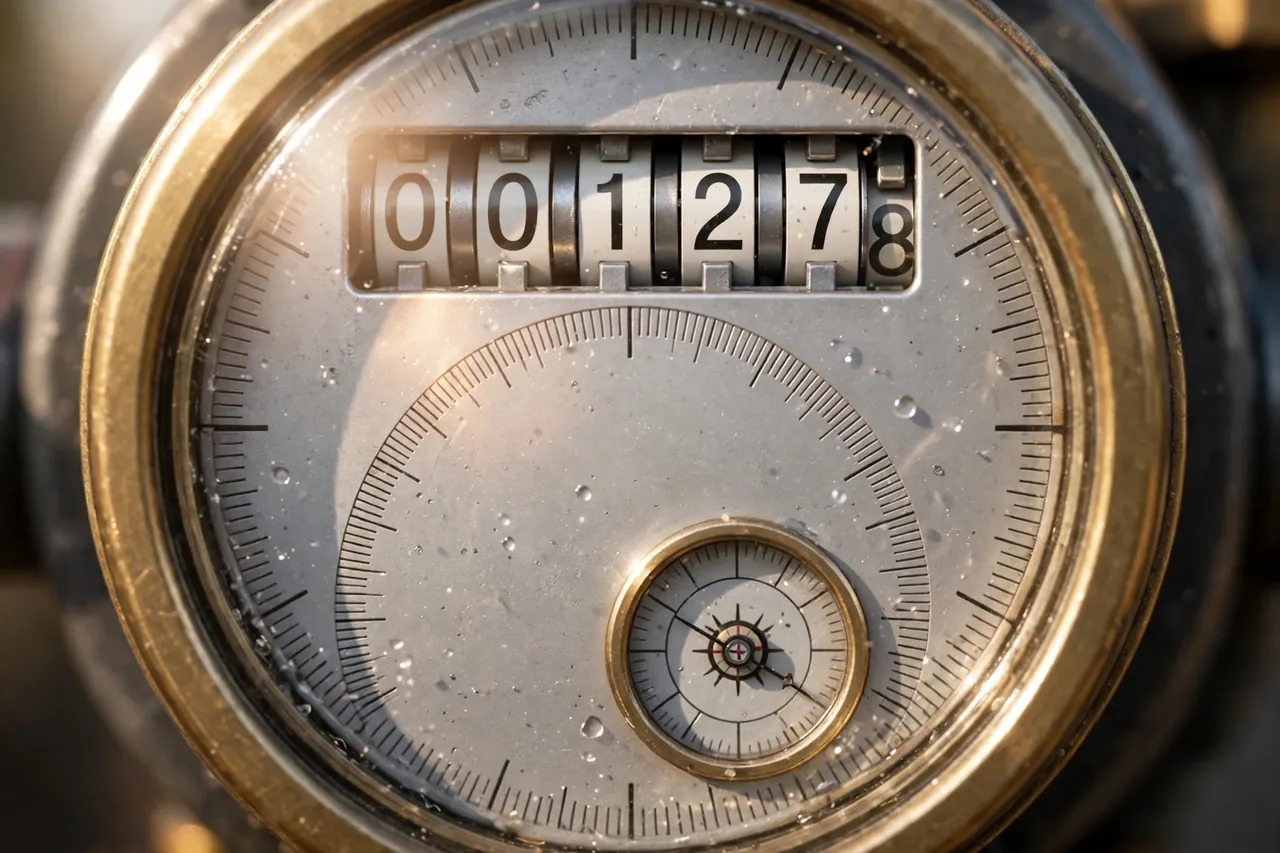 A close view of an analog water meter face with number wheels and a small low-flow indicator dial.