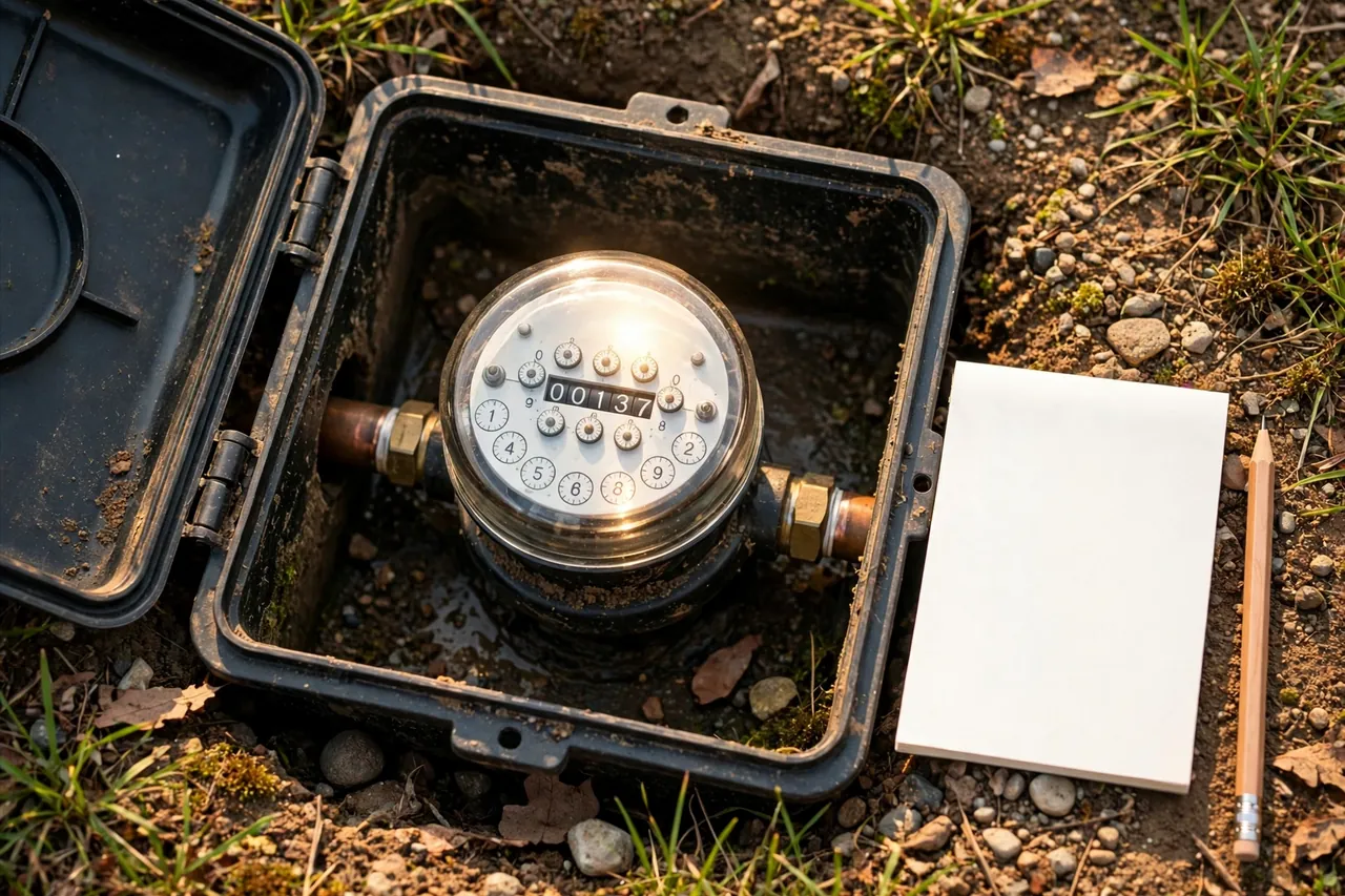 An open water meter box in the ground showing the meter inside, with a completely blank notepad and a pencil lying beside it.