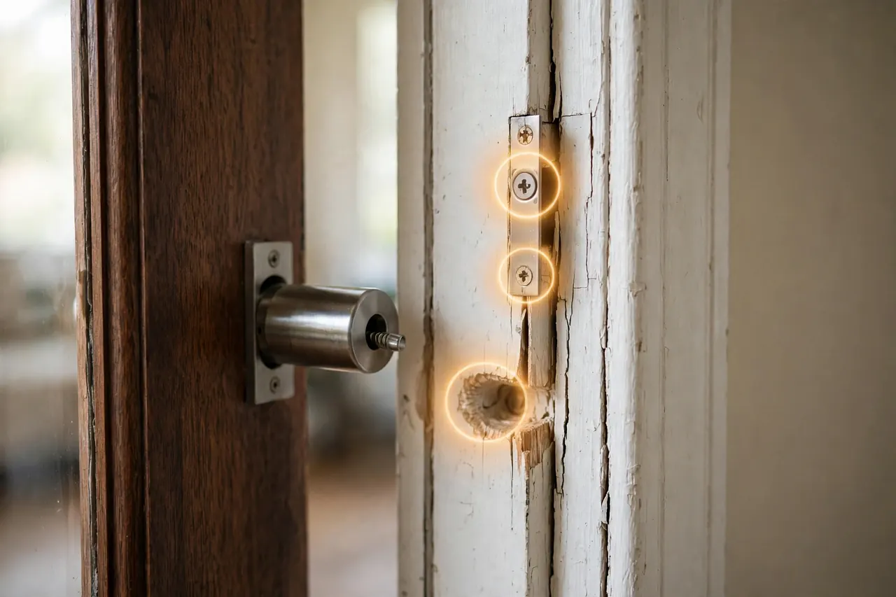 A small strike plate with short screws in a worn door frame and a shallow, chewed bolt pocket: the weak point that undermines a smart lock