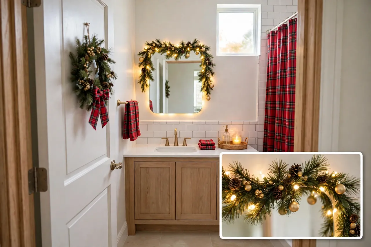Finished Christmas bathroom seen from the doorway with a wreath on the door, lighted garland on the mirror, red plaid curtain and towels, and a tidy vanity tray with clear counter space
