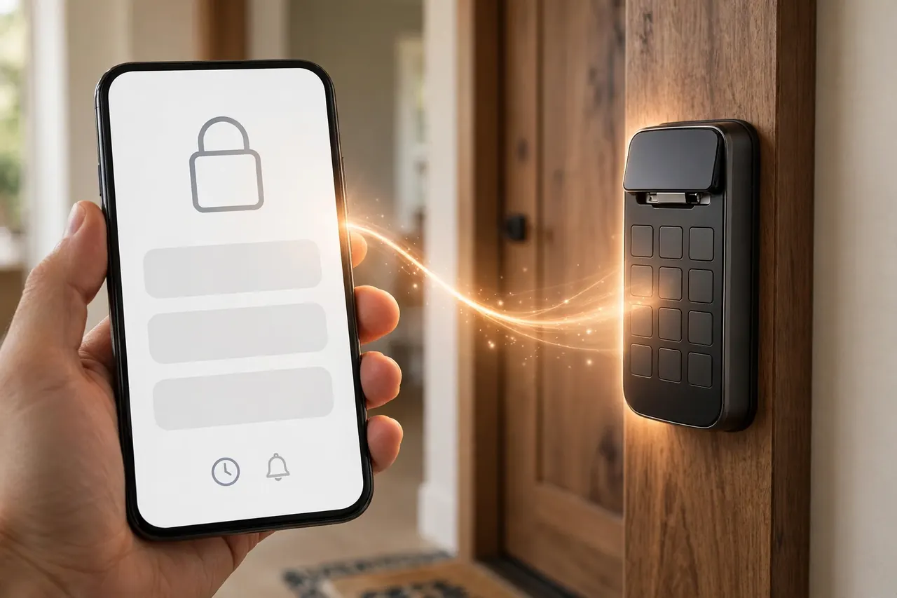 A phone showing the smart lock app beside the lock it controls: codes, schedules, and alerts live in the app