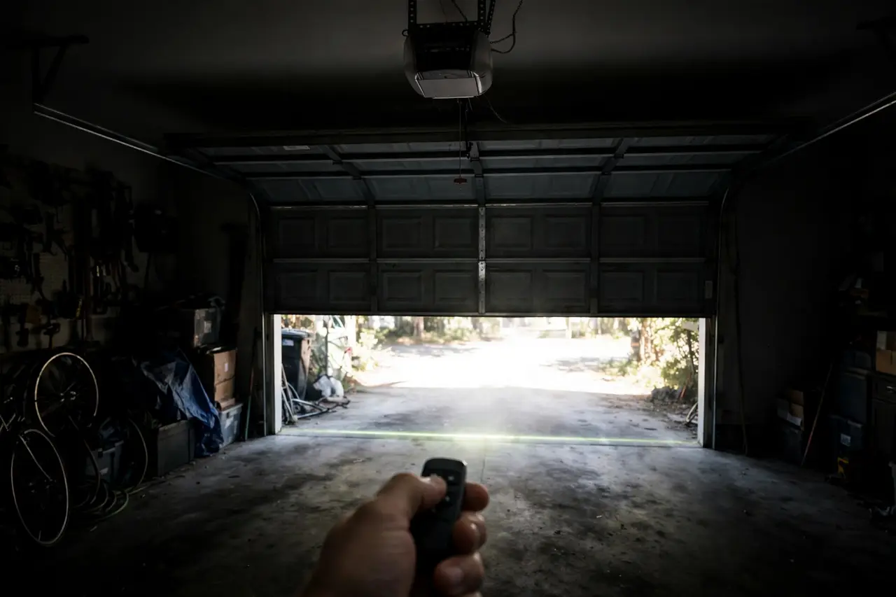 A dark garage in an outage with the door half open, a remote in hand, and the sensor beam glow still active across the doorway