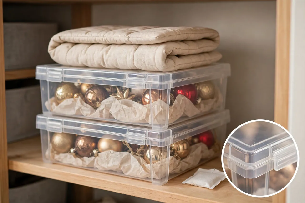 Sealed clear plastic ornament storage boxes stacked on an indoor closet shelf with a silica gel packet beside them