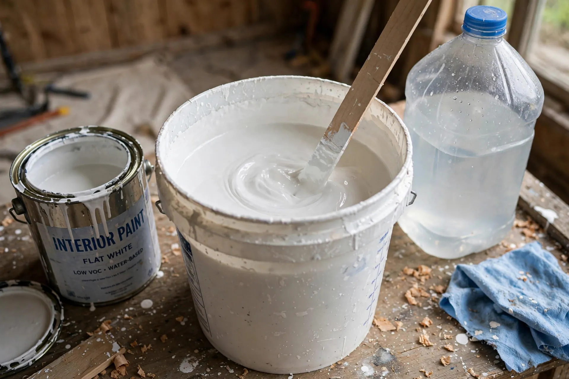 Mixing diluted white paint and water for a whitewash finish