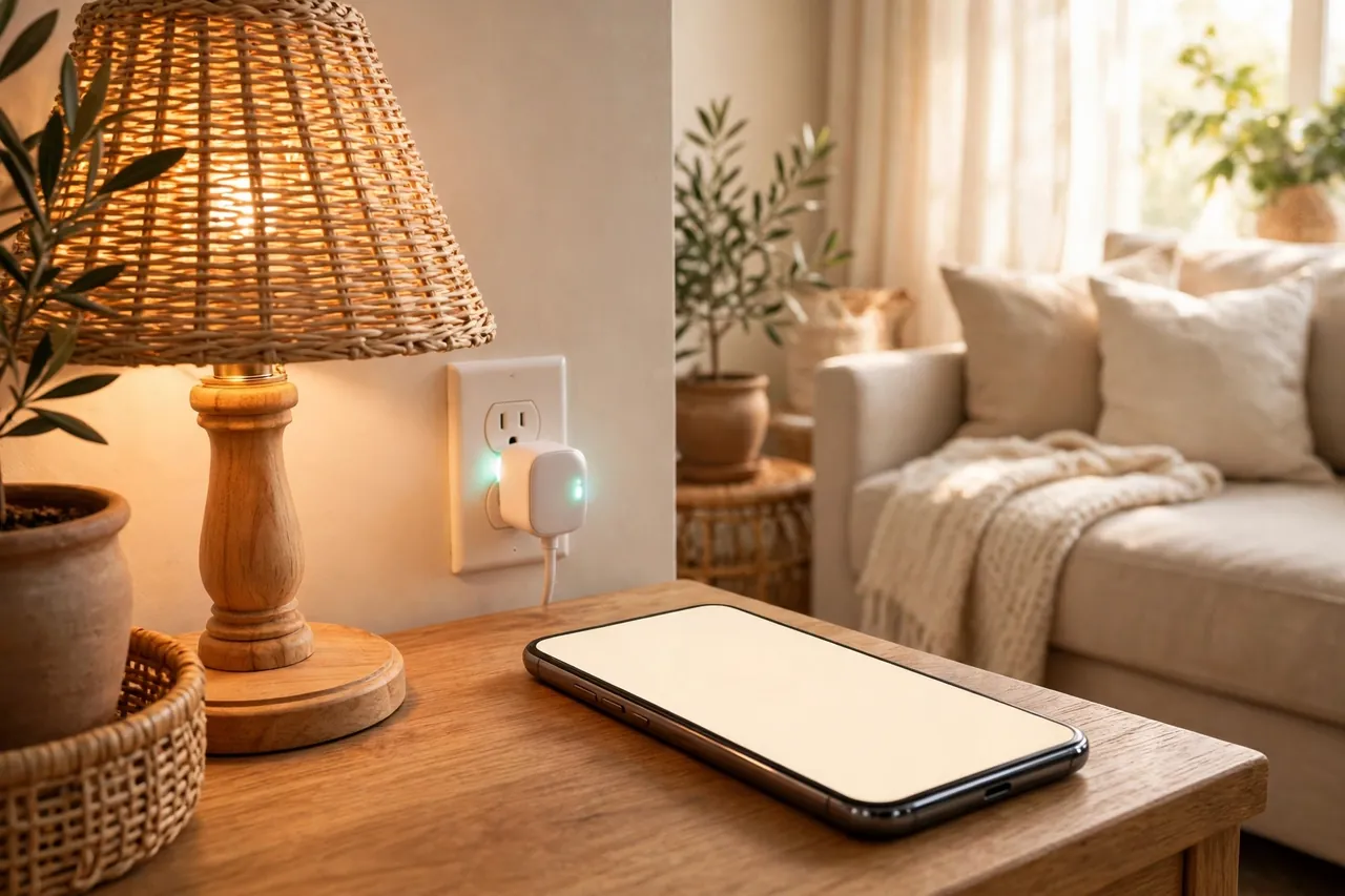 A smartphone with a blank glowing screen on a side table beside a glowing lamp, with a small smart wifi plug glowing in the wall outlet behind them.