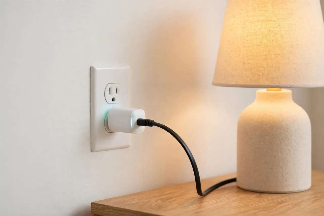 A single smart wifi plug in a clean wall outlet with only one table lamp plugged into it, the cord neat and the lamp glowing warmly.