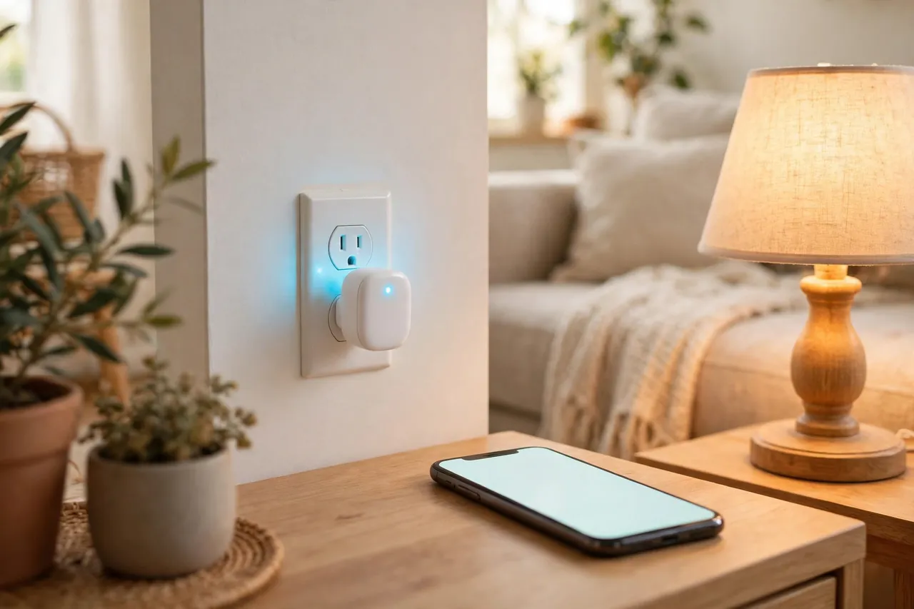 A smart wifi plug in a wall outlet with a glowing status light, a smartphone with a blank glowing screen on the side table beside it, and a lamp glowing nearby.