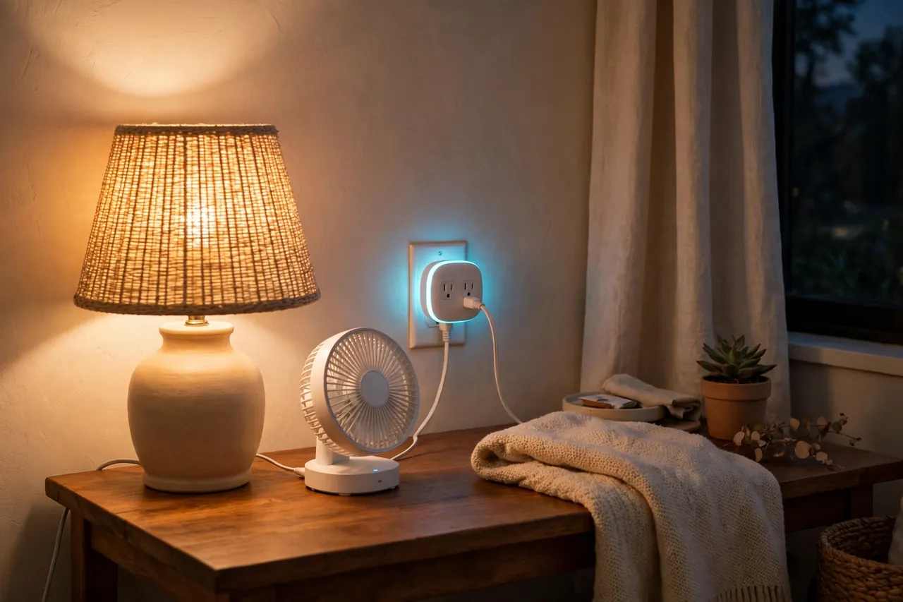 A cozy living room corner in the evening with a glowing table lamp and a small table fan both connected through a smart wifi plug in the wall outlet.